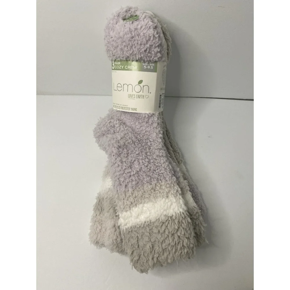 Lemon Loves Earth Socks Purple Gray 5-9.5 Warm Cozy Crew Fuzzy‎ 3 Pairs
